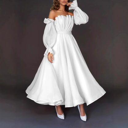 Elegant Off-Shoulder Lantern Sleeve Maxi Dress - Pleated Princess Style Evening Gown for Women