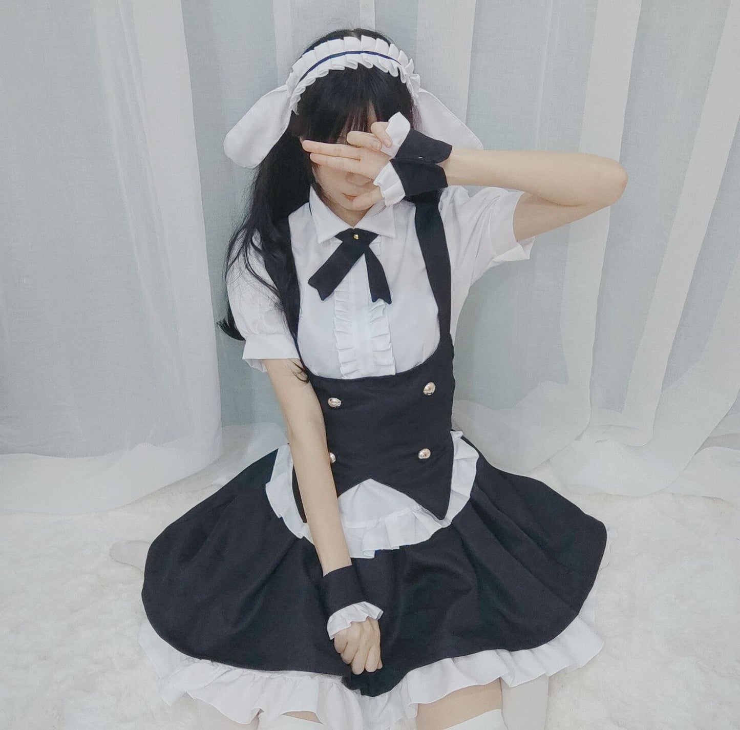Cute Gothic Lolita Maid Dress - Playful Black & White Tuxedo Style Fluffy Mini Skirt with Bunny Ears