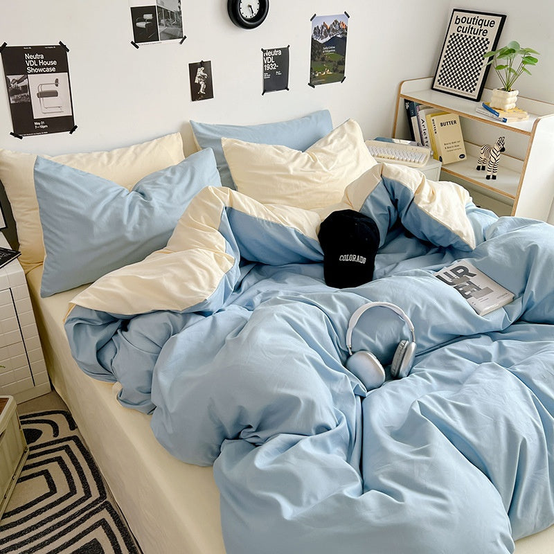 Premium Washed Cotton Double-Spliced Bedding Set – Soft Sky Blue & Cream 4-Piece Duvet Cover Set for Dormitory & Home