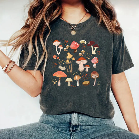 Vintage Mushroom Pattern Printed Round Neck Short Sleeved T-Shirt | Nature Graphic Tee