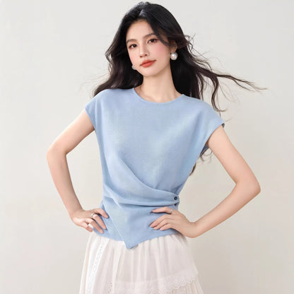 Women's Ice Silk Knitted T-Shirt - Short Sleeve Cross Wrap Crop Top