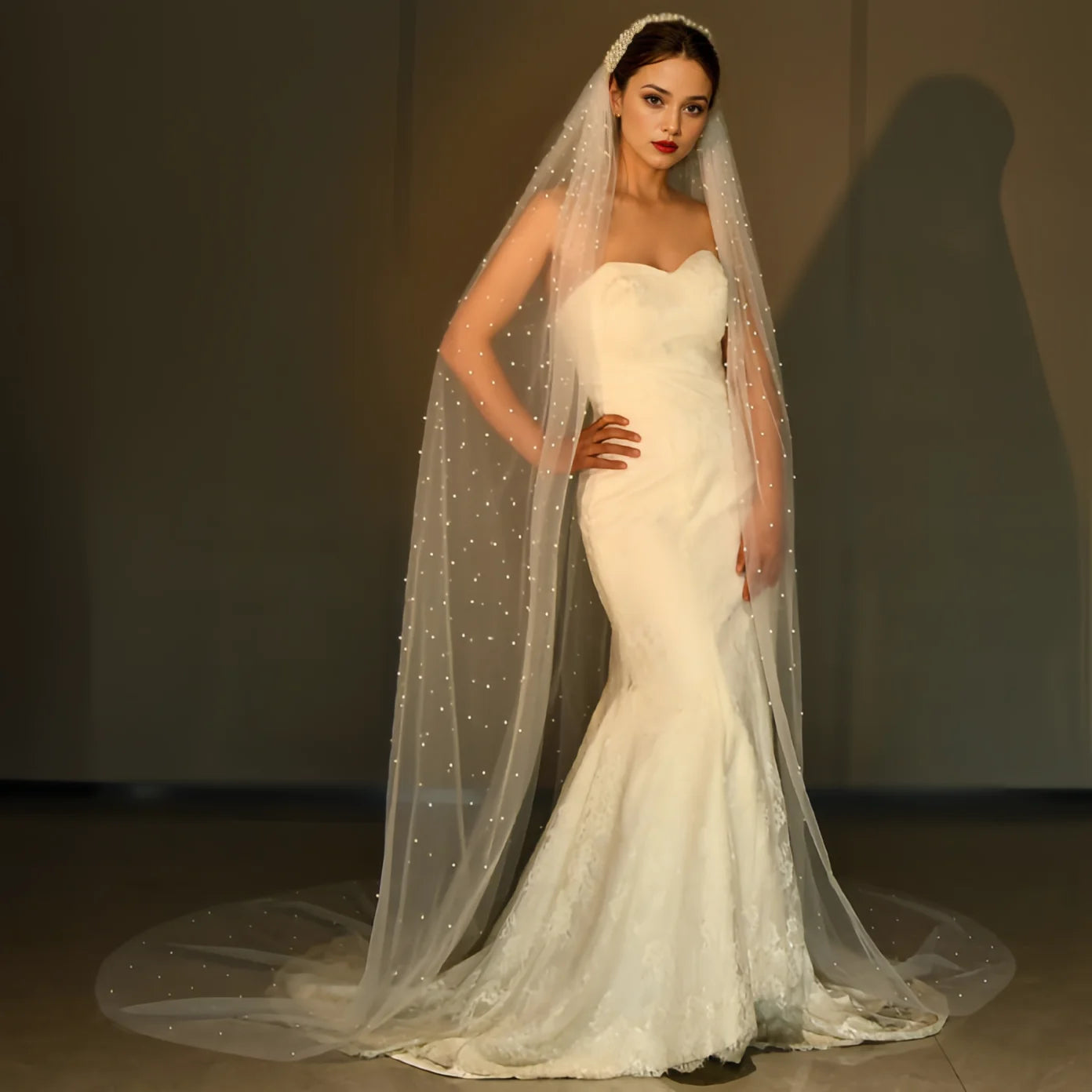 Royal Cathedral Length Wedding Veil with Pearl Beaded Headband / Extra Long Bridal Veil with Comb Hair Accessories