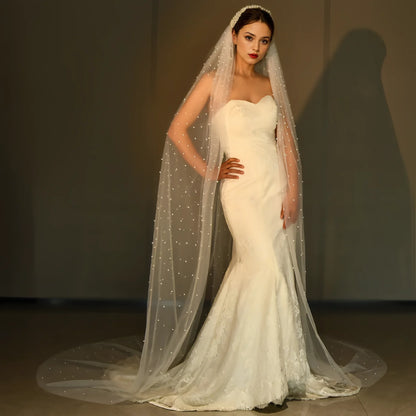 Royal Cathedral Length Wedding Veil with Pearl Beaded Headband / Extra Long Bridal Veil with Comb Hair Accessories