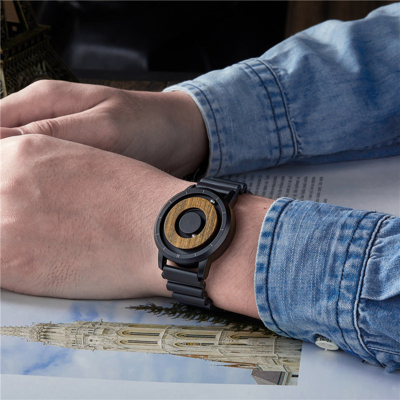 Minimalist Double Steel Ball Magnetic Watch with Wooden Dial Disk