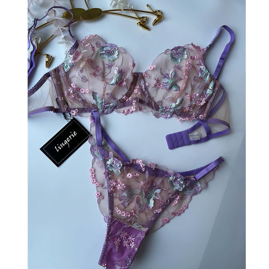 Floral Embroidered Mesh Lingerie Set with Sheer Bra and Thong