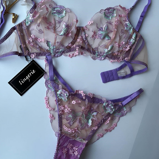 Floral Embroidered Mesh Lingerie Set with Sheer Bra and Thong