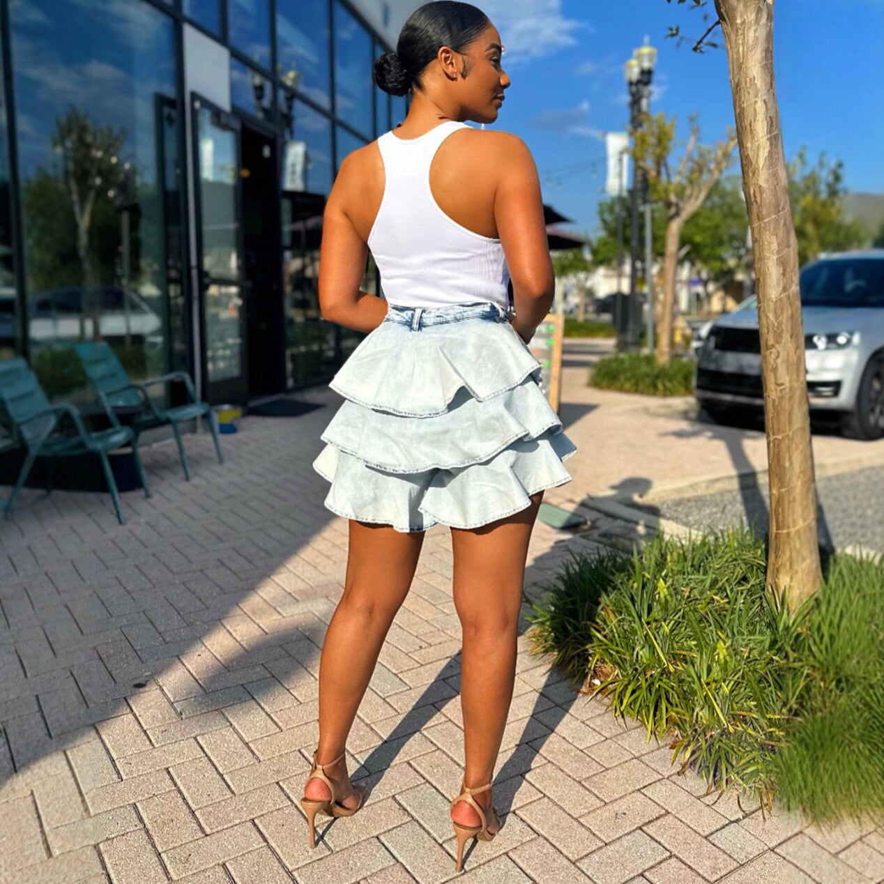 High-Waisted Denim Ruffle Mini Skirt - Fashion Irregular Skirt for Women