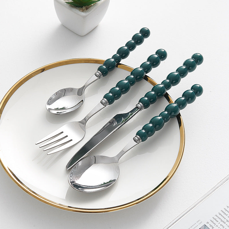4-Piece Designer Pearl Handle Cutlery Set - Elegant Emerald Green & Stainless Steel Flatware