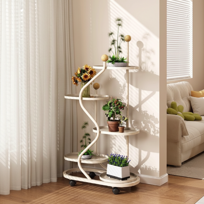 Multi-Layer Mobile Flower Stand with Wheels – Creative S-Shaped Metal Plant Shelf for Balcony