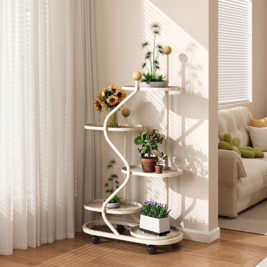Multi-Layer Mobile Flower Stand with Wheels – Creative S-Shaped Metal Plant Shelf for Balcony