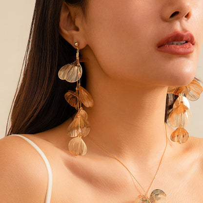Retro Gold Ginkgo Leaf Tassel Necklace & Long Drop Earrings Set