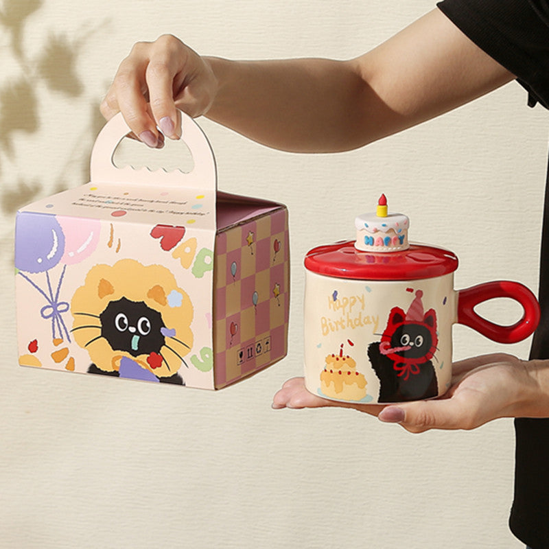 Adorable Cartoon Cat Birthday Ceramic Mug with Lid and Gift Box