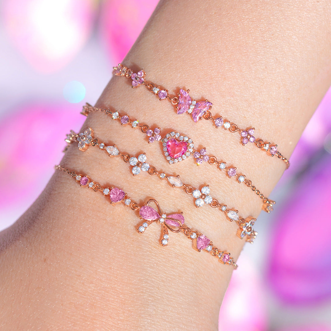 Ins Style Cute Pink Zircon Butterfly Charm Bracelet Set for Women