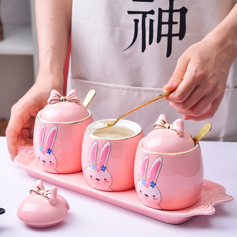 Cute Cartoon Rabbit Ceramic Spice Jar Set - 3 Pieces with Tray