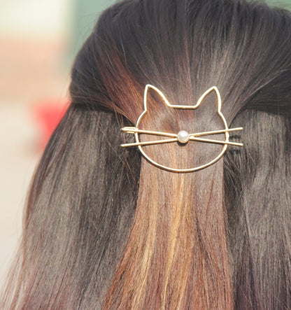 Hollow Out Cute Cat Head Hair Clip / Gold Tone Imitation Pearl Hair Pin for Women and Girls