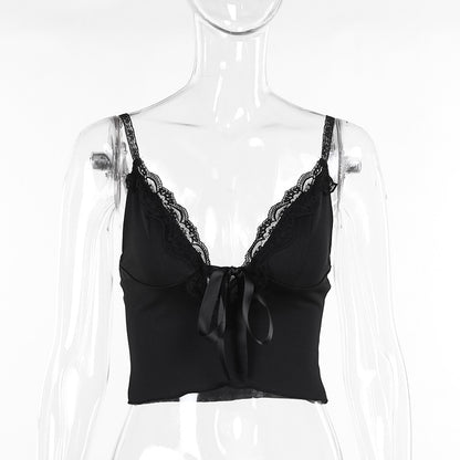 Sexy Lace V-Shaped Crop Top with Straps | Exposed Navel Fashion Camisole