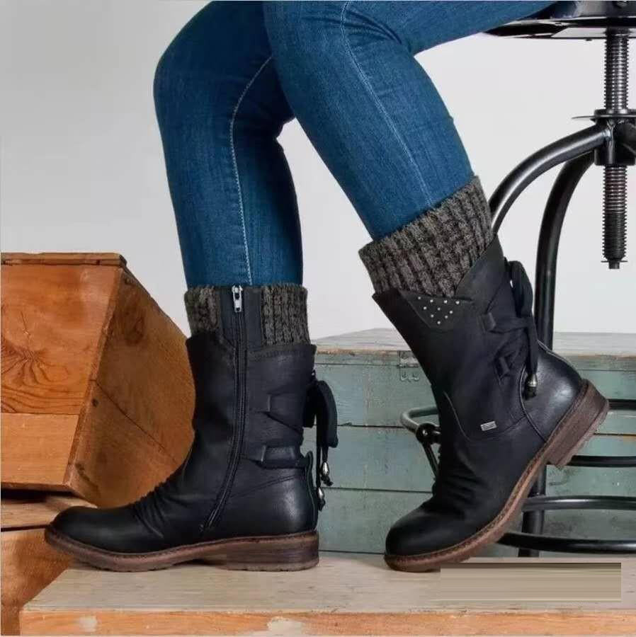 Women's Medium Flat Bottom Martin Boots (Square Heel and Back Strap)