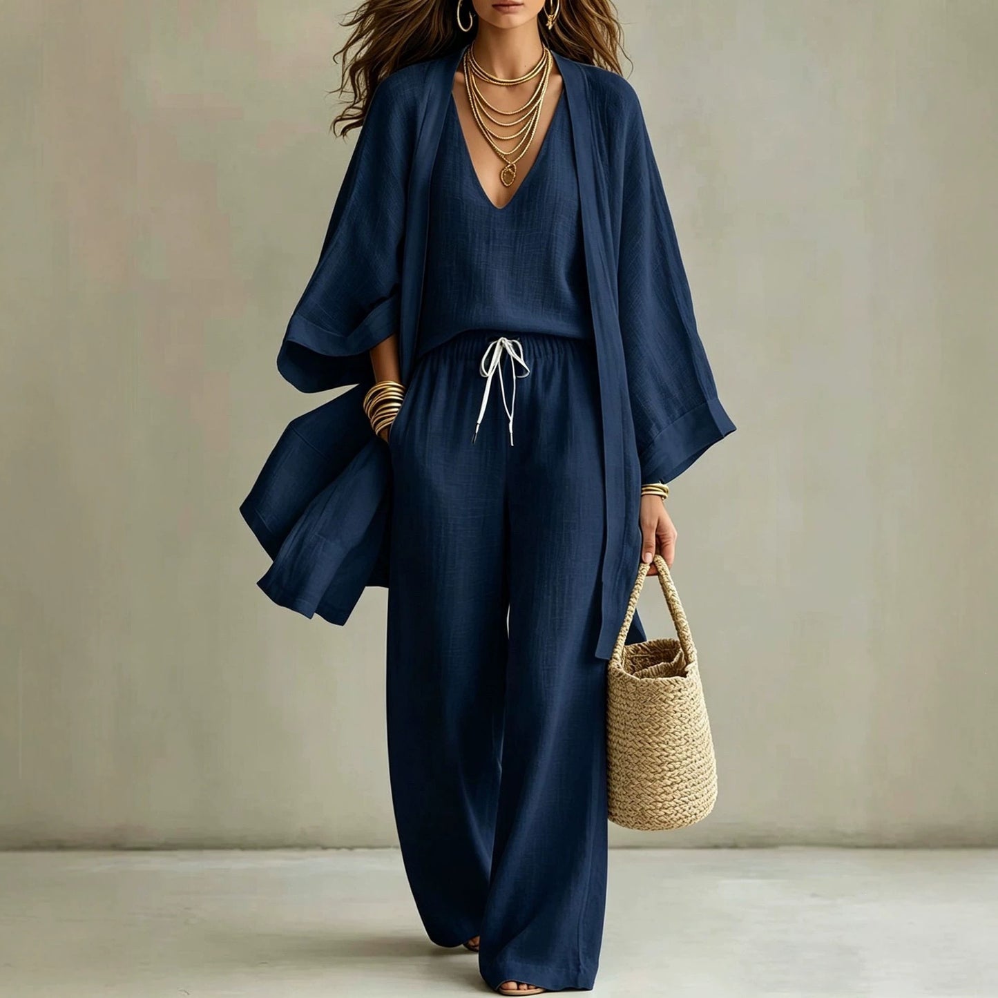 Elegant Linen Look 3-Piece Matching Set - Flowing Open Front Shrug with Wide Leg Pants