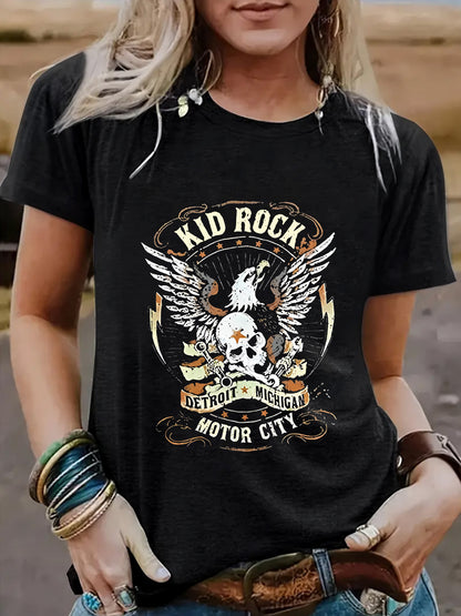 Vintage Eagle Pattern Round Neck Short Sleeved T-Shirt | Graphic Print Top for Men/Women