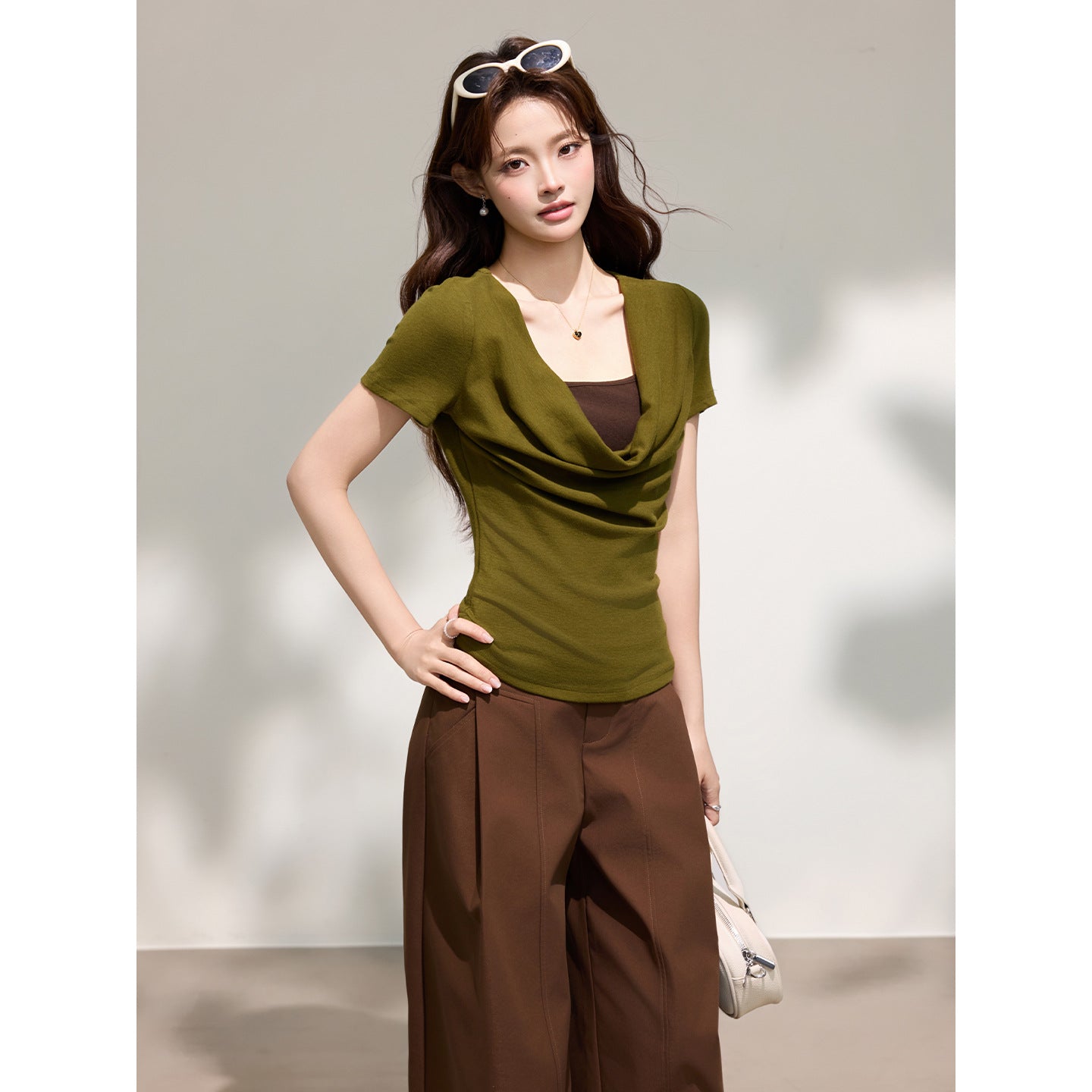 Women's Chic False Two-Piece Drape Neck Short Sleeve T-Shirt