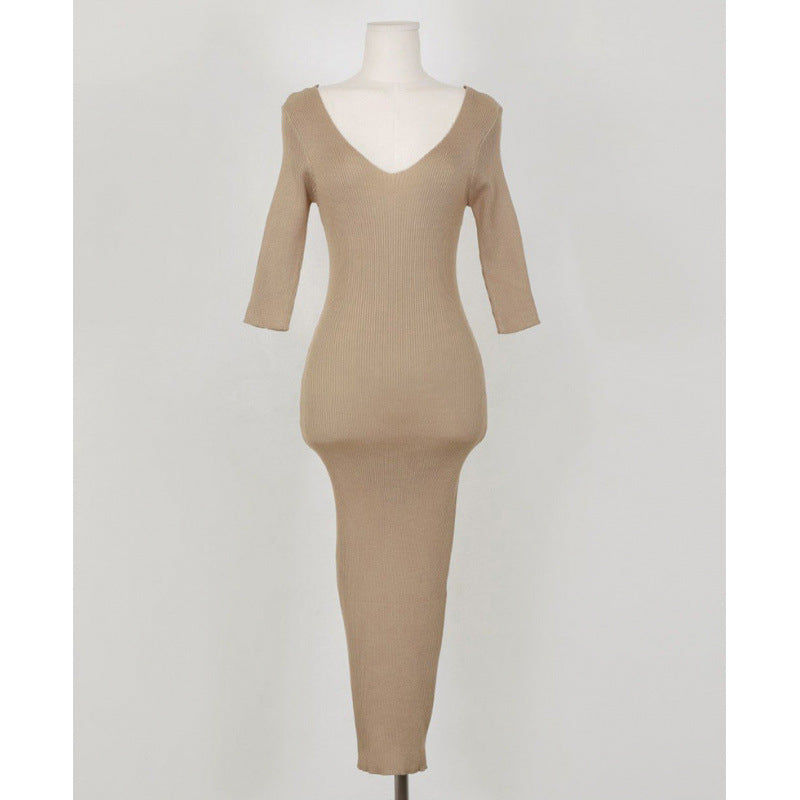 Ribbed V-Neck Bodycon Maxi Dress - Slim Fit Half Sleeve Sage Green Long Gown