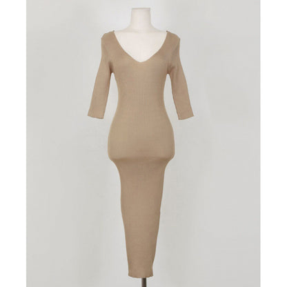 Ribbed V-Neck Bodycon Maxi Dress - Slim Fit Half Sleeve Sage Green Long Gown