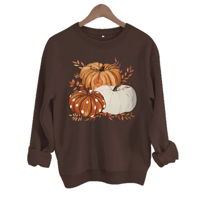 Three Pumpkin Pattern Printed Fall Sweatshirt | Thanksgiving Autumn Graphic Pullover