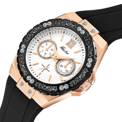 Elegant Ladies Diamond Quartz Wristwatch with Blue Rubber Band