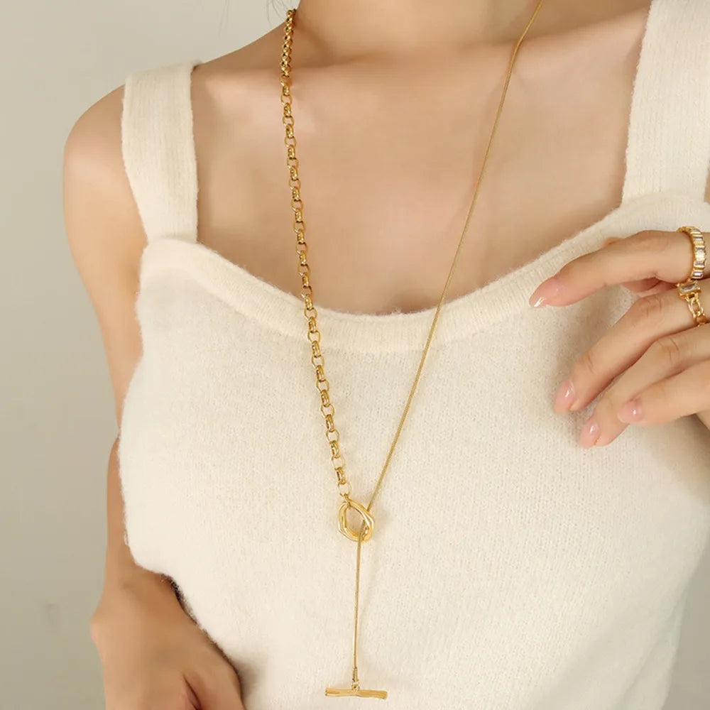 Long Titanium Steel Double Ring Pendant Necklace