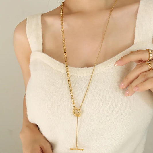 Long Titanium Steel Double Ring Pendant Necklace