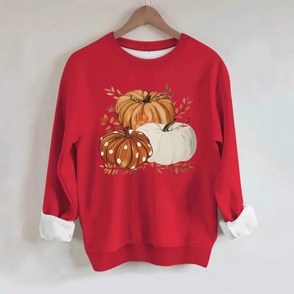 Three Pumpkin Pattern Printed Fall Sweatshirt | Thanksgiving Autumn Graphic Pullover