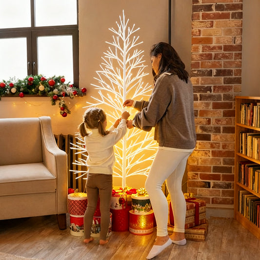9ft White Artificial Christmas Tree Pre-Lit with Warm White LED Fairy Lights / Indoor/Outdoor Holiday Home Decor