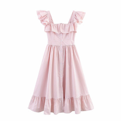 Single Breasted Striped Midi Dress - Ruffle Edge Waist Cinched Dress