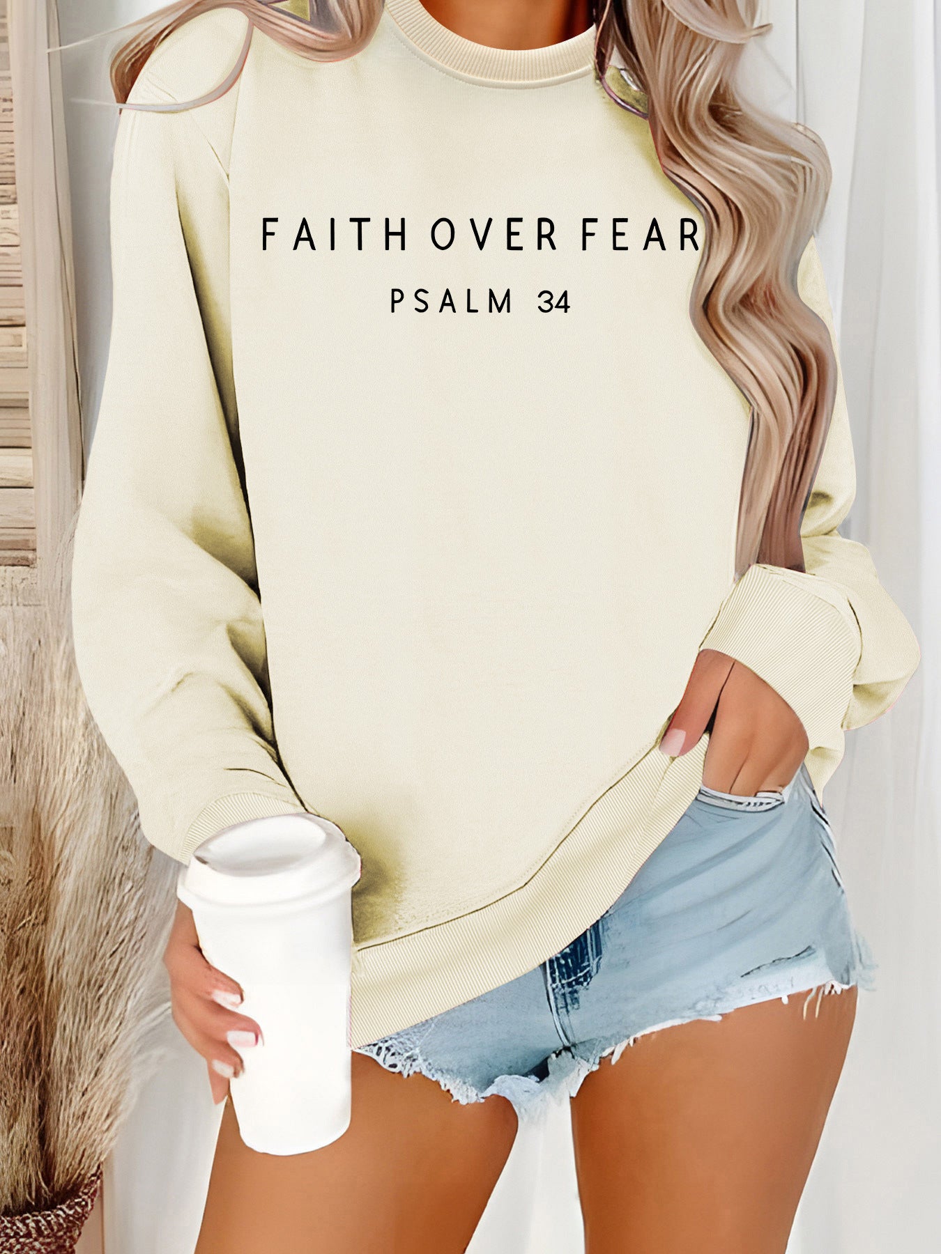 Inspirational 'Faith Over Fear' Letter Print Sweatshirt | Loose Fit Casual Pullover Top