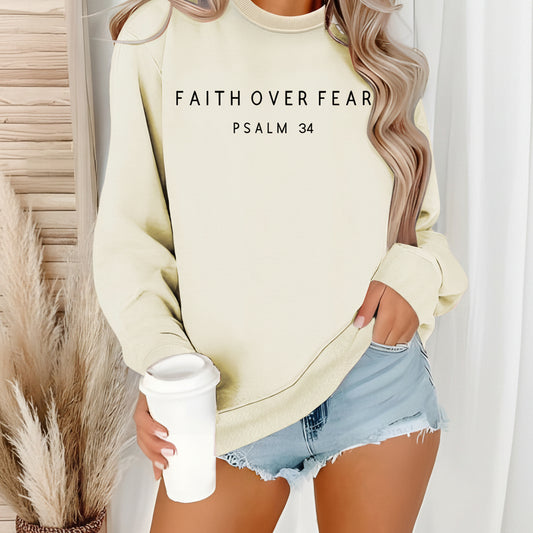 Inspirational 'Faith Over Fear' Letter Print Sweatshirt | Loose Fit Casual Pullover Top