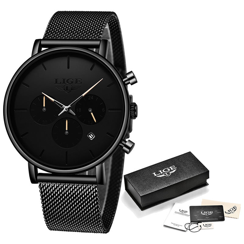 LIGE Men's Ultra-Thin Black Mesh Strap Multi-Function Quartz Watch