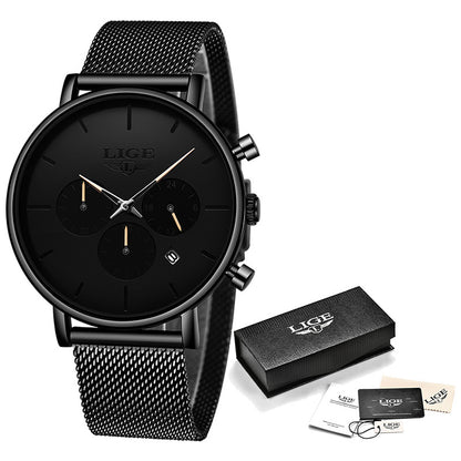 LIGE Men's Ultra-Thin Black Mesh Strap Multi-Function Quartz Watch