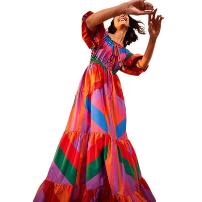 Vibrant Boho Geometric Patchwork Maxi Dress with Smocked Bust