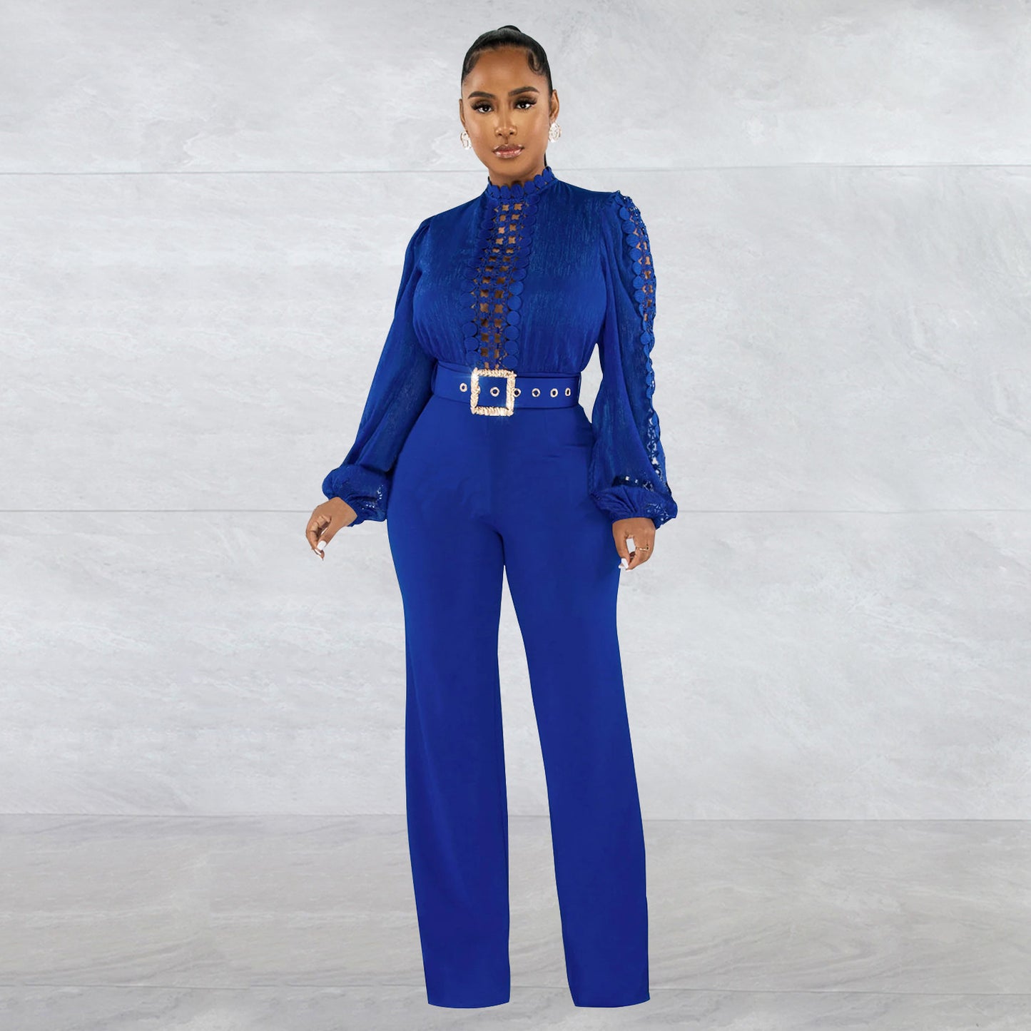 Chic Solid Color Long Sleeve Belted Jumpsuit - Elegant Ruffle Cut-out Party Trousers