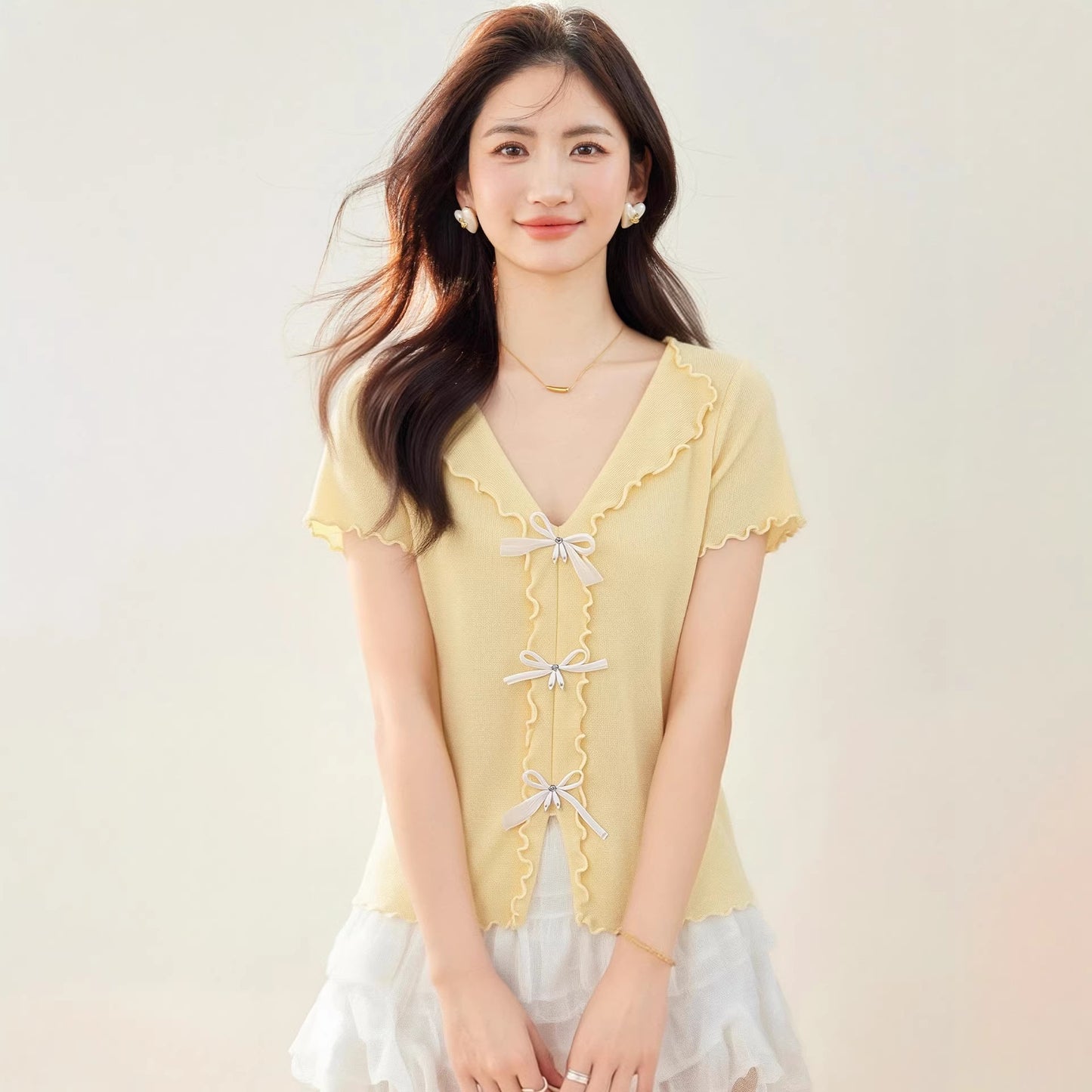 Sweet Butterfly Knot Knit Top - Elegant Ruffled Trim Summer Blouse for Women