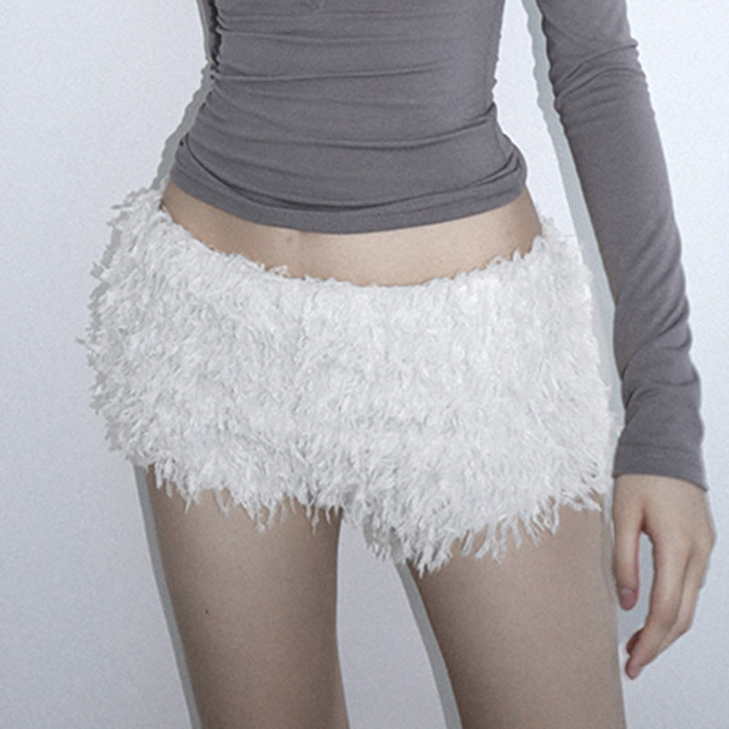 Cozy Snow White Fuzzy Fleece Lounge Shorts – Soft Warm Winter Home Wear for Women