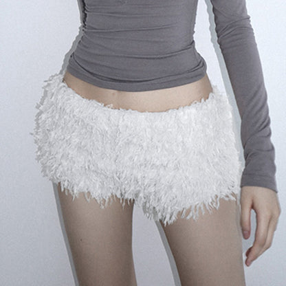 Cozy Snow White Fuzzy Fleece Lounge Shorts – Soft Warm Winter Home Wear for Women