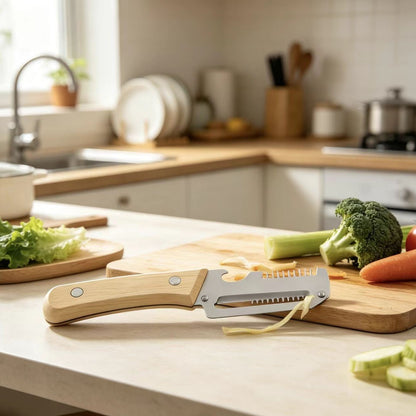 Multi-functional Kitchen Vegetable Slicer & Peeler - 2-in-1 Household Knife Tool with Wooden Handle & Bottle Opener