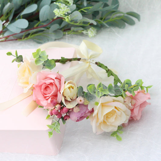 Romantic Blush Rose Flower Crown Headband for Brides and Travel