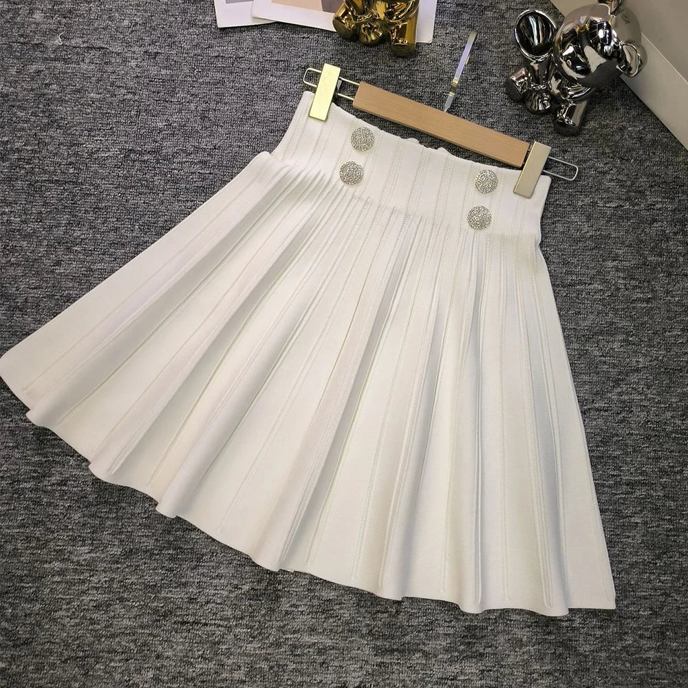 Chic High-Waist Pleated Mini Skirt - Elegant A-Line Knit Tennis Skirt with Button Detail