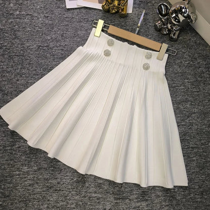 Chic High-Waist Pleated Mini Skirt - Elegant A-Line Knit Tennis Skirt with Button Detail