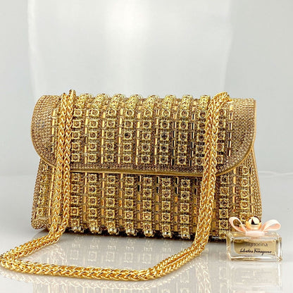 Elegant Black and Gold Chain-Adorned Evening Clutch Bag with Long Strap