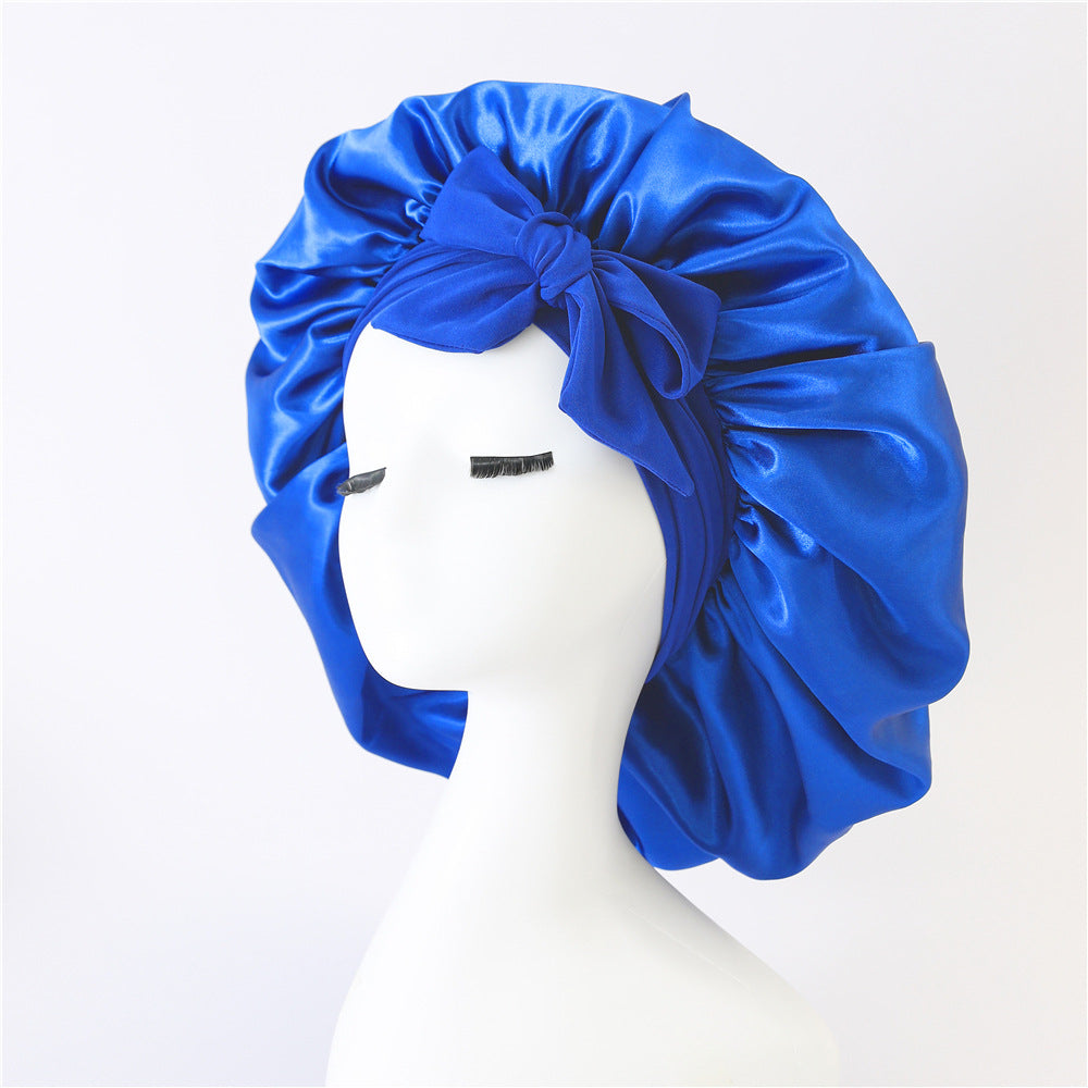Wide-Brimmed Satin Bonnets with Elastic Ribbon Bow | Solid Color Hairdressing Sleep Cap