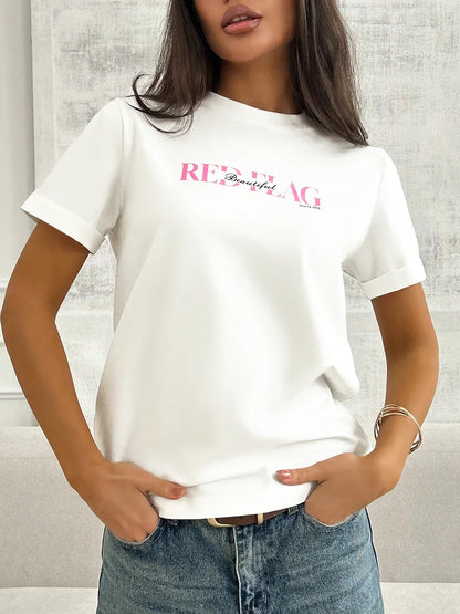 Red Flag" Slogan Printed Loose Round Neck T-Shirt for Women