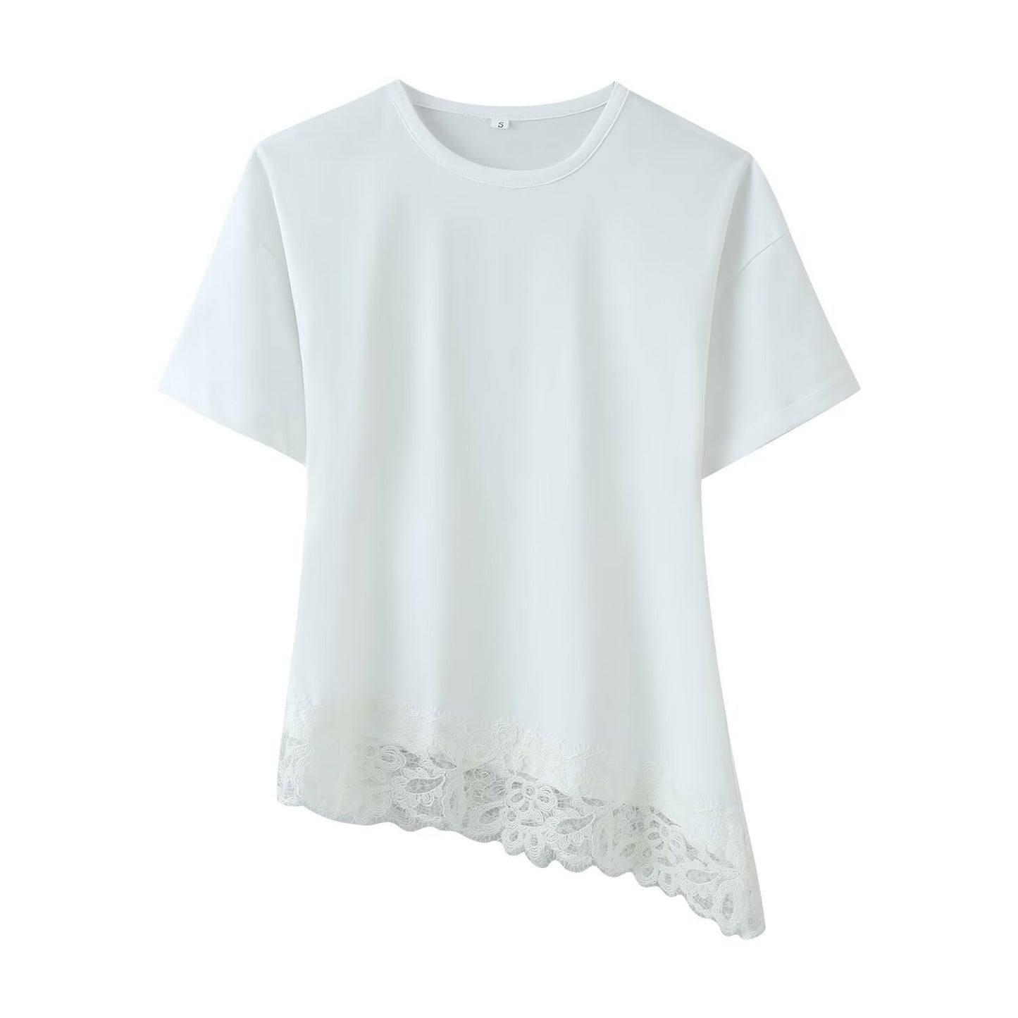 Women's Casual Round Neck Tee - Stylish Lace Stitched Asymmetrical Top